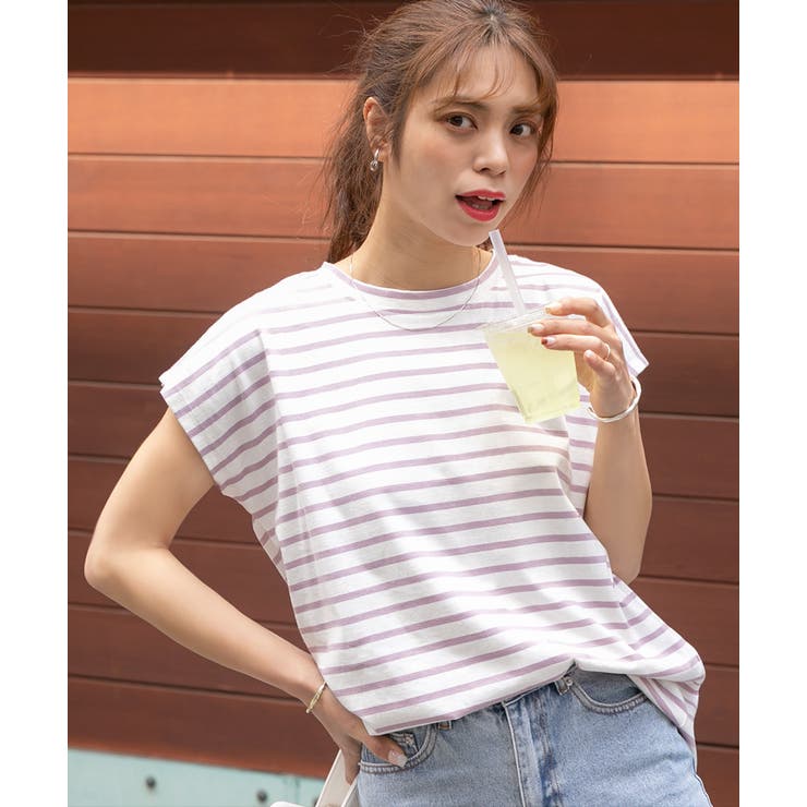 ピンク | ボーダーTシャツ フレンチスリーブ クルーネック | ad thie