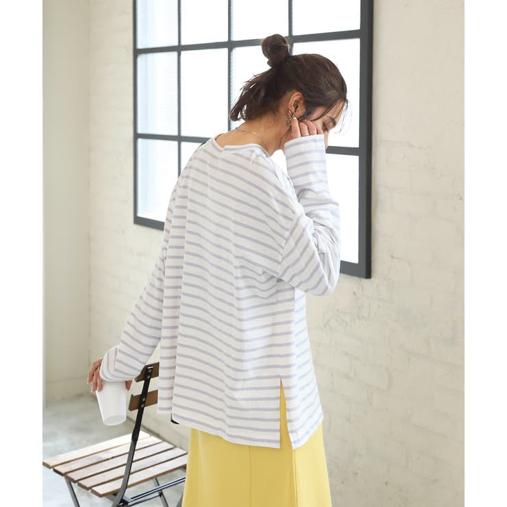 ロングTシャツ ボーダーコットン ML カットソー ソフトタッチ スリット