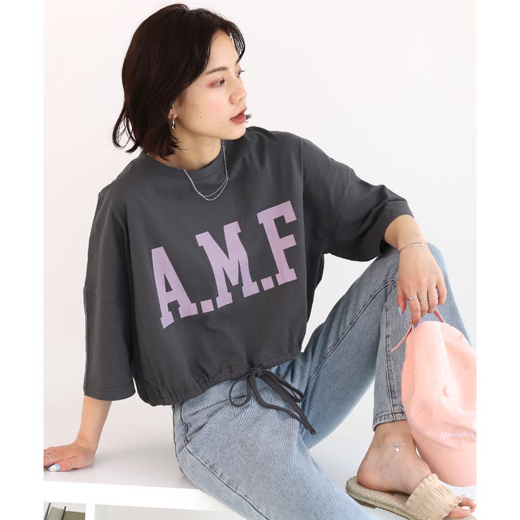 ショート丈プリントTシャツ A.M.F 裾絞り ギャザー ロゴ | ad thie | 詳細画像12 