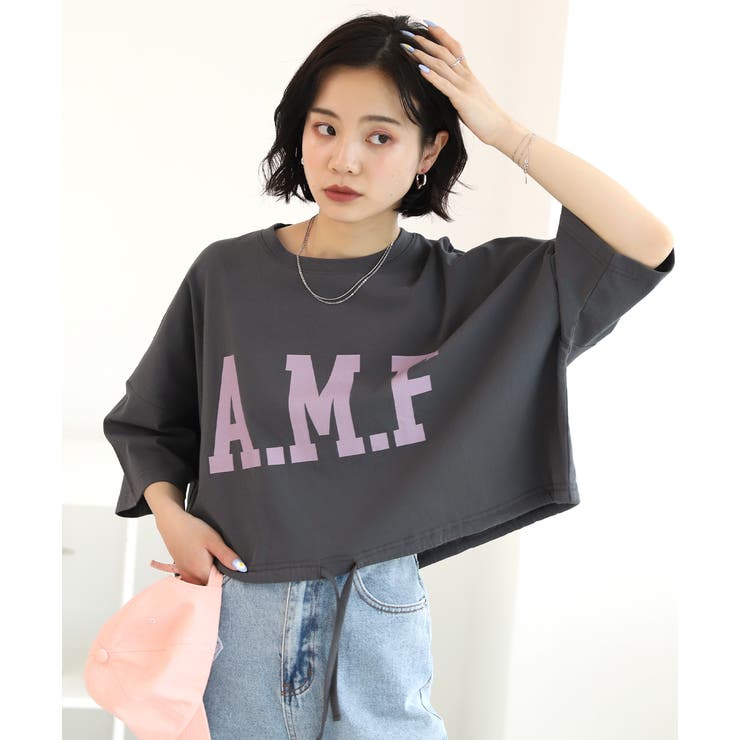 ショート丈プリントTシャツ A.M.F 裾絞り ギャザー ロゴ | ad thie | 詳細画像13 