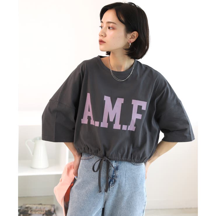 ショート丈プリントTシャツ A.M.F 裾絞り ギャザー ロゴ | ad thie | 詳細画像15 
