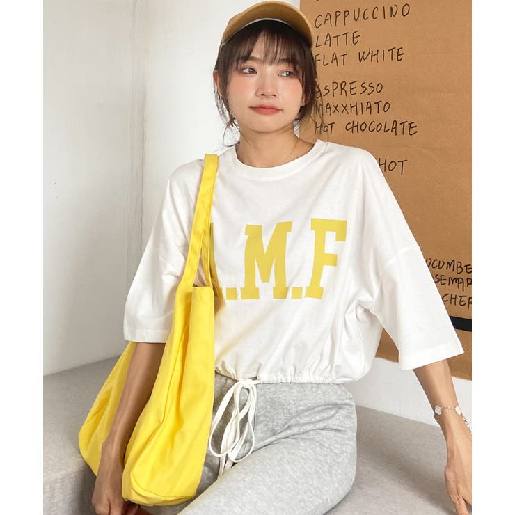 ショート丈プリントTシャツ A.M.F 裾絞り ギャザー ロゴ | ad thie | 詳細画像2 