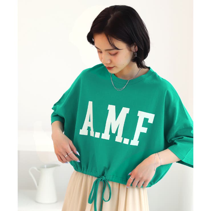 ショート丈プリントTシャツ A.M.F 裾絞り ギャザー ロゴ | ad thie | 詳細画像7 