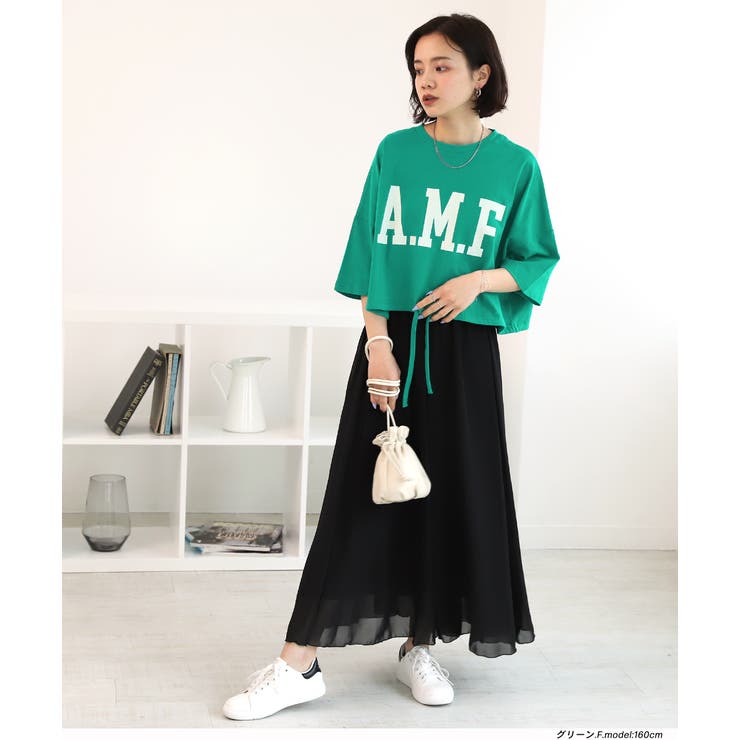 ショート丈プリントTシャツ A.M.F 裾絞り ギャザー ロゴ | ad thie | 詳細画像8 