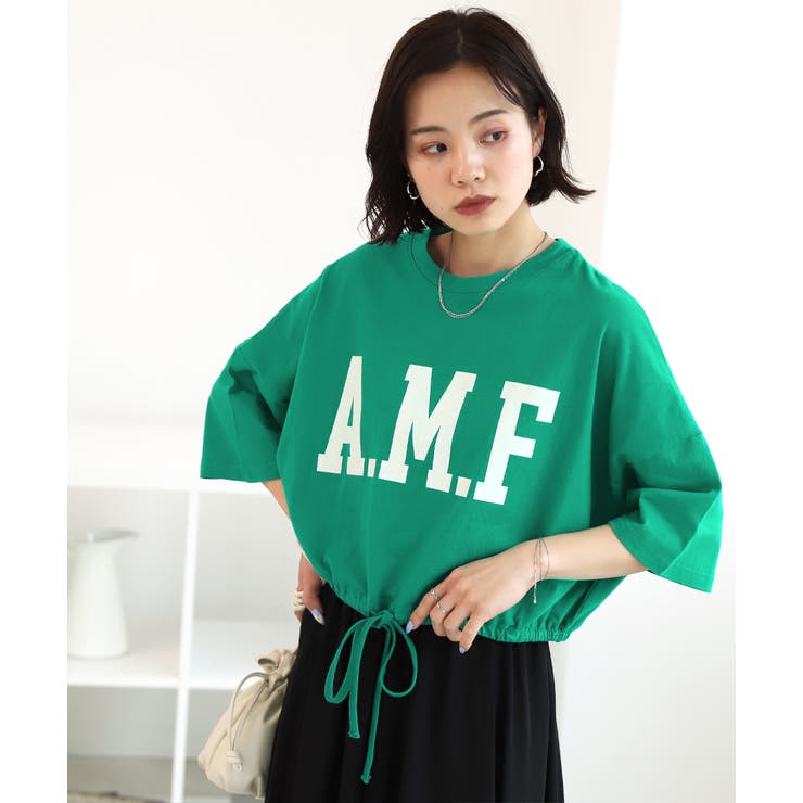 ショート丈プリントTシャツ A.M.F 裾絞り ギャザー ロゴ | ad thie | 詳細画像9 