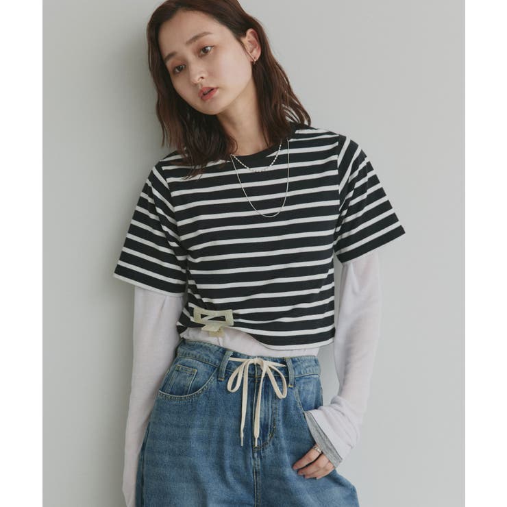 ボーダー×ブラック | シンプル無地 ボーダー ショート丈ミニTシャツ | ad thie