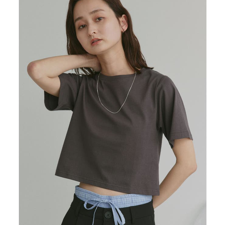 チャコール | シンプル無地 ボーダー ショート丈ミニTシャツ | ad thie