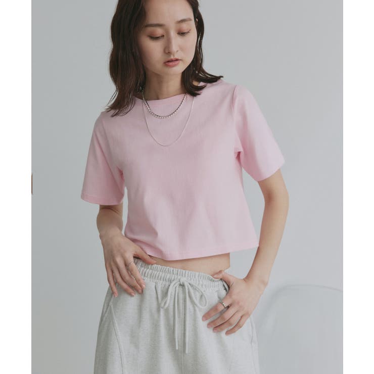 ピンク | シンプル無地 ボーダー ショート丈ミニTシャツ | ad thie