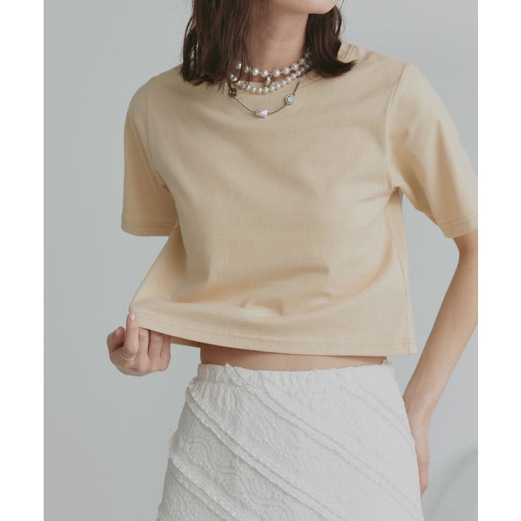 ベージュ | シンプル無地 ボーダー ショート丈ミニTシャツ | ad thie