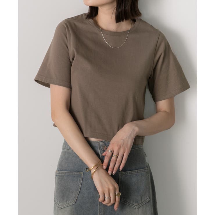 ダークブラウン | シンプル無地 ボーダー ショート丈ミニTシャツ | ad thie