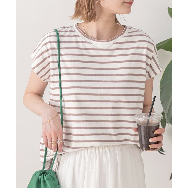モカ | コットン100％・フレンチスリーブ  ボーダーTシャツ | ad thie