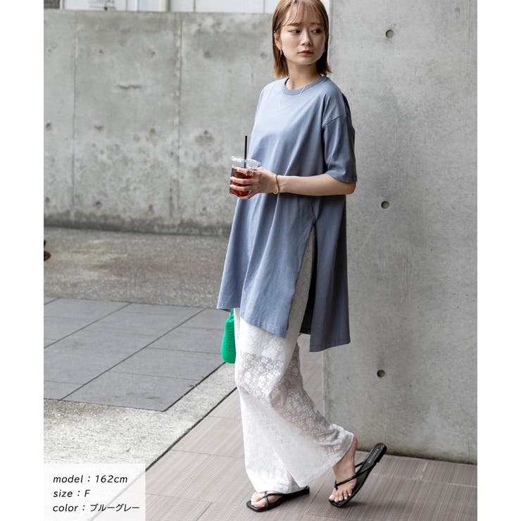 オーバーサイズ・チュニック丈 サイドスリットTシャツ[品番