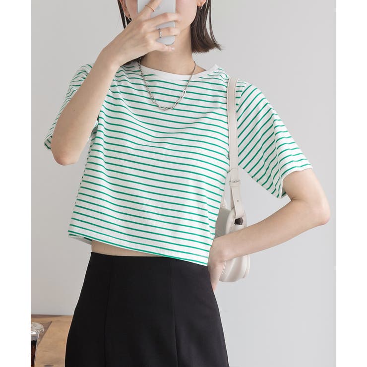 シンプル無地 ボーダー ショート丈ミニTシャツ | ad thie | 詳細画像46 