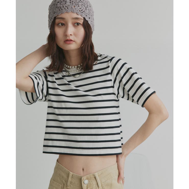 ボーダー×オフホワイト | シンプル無地 ボーダー ショート丈ミニTシャツ | ad thie