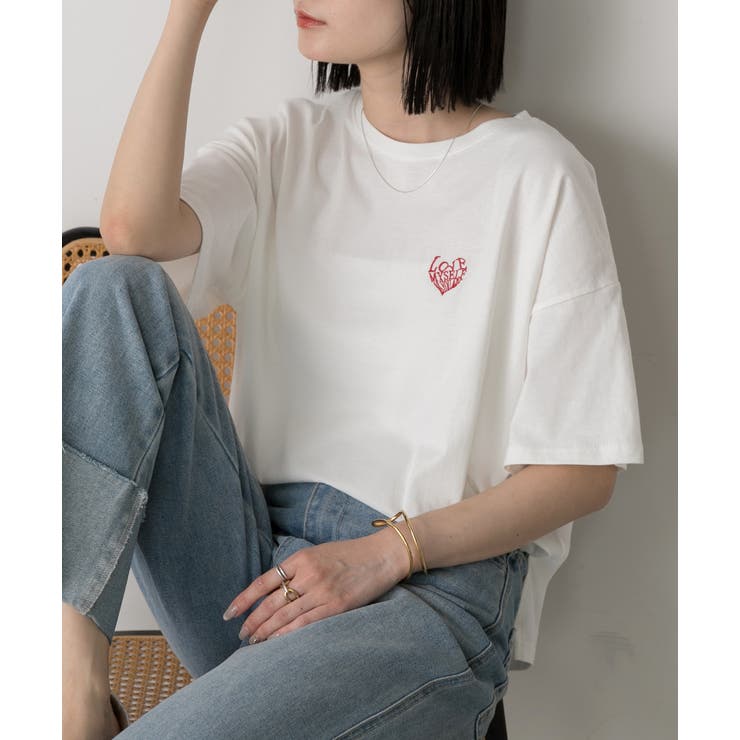 ハート刺繍 ワンポイントTシャツ[品番：ADEW0004543]｜ad thie
