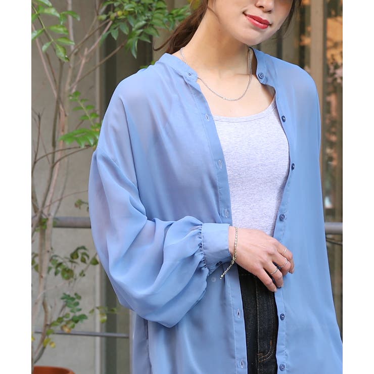 ブルー】ボリューム袖ロングシアーシャツ [品番：ADEW0003543]｜ad 