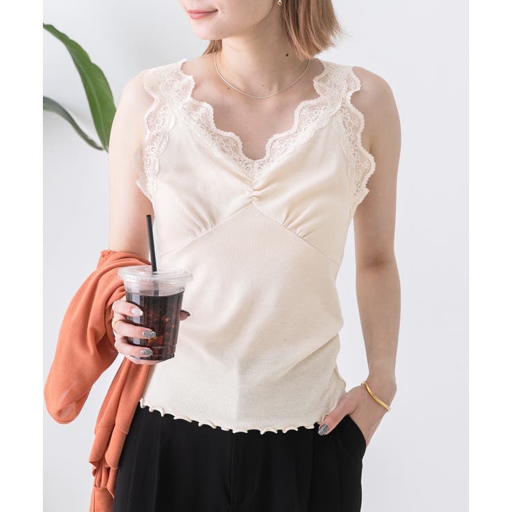 オフベージュ | 裾メロー・Vネック レースキャミソール | ad thie