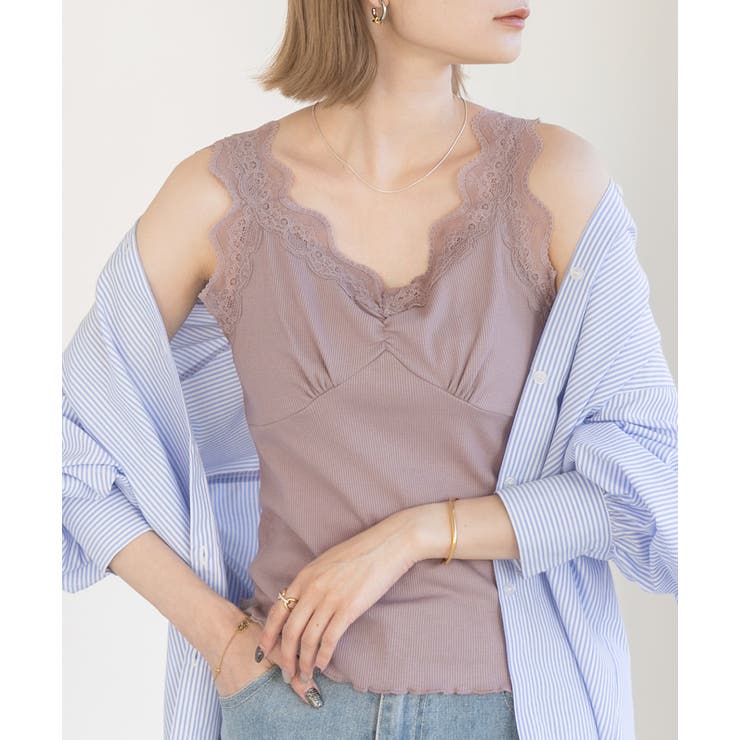 ピンクベージュ | 裾メロー・Vネック レースキャミソール | ad thie