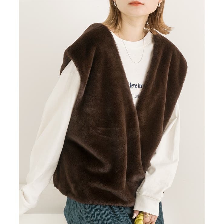 ブラウン | ゆったり エコファー Vネックベスト | ad thie