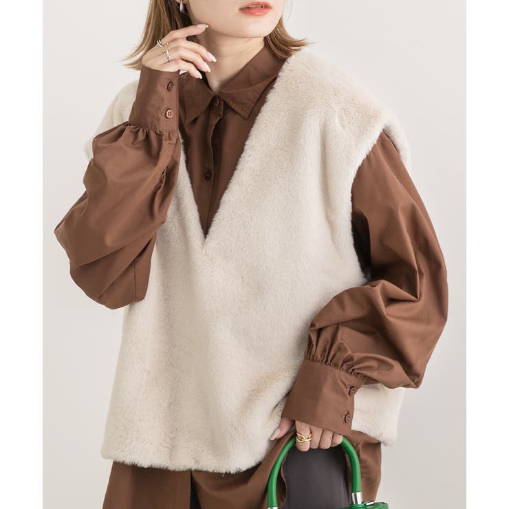 アイボリー | ゆったり エコファー Vネックベスト | ad thie