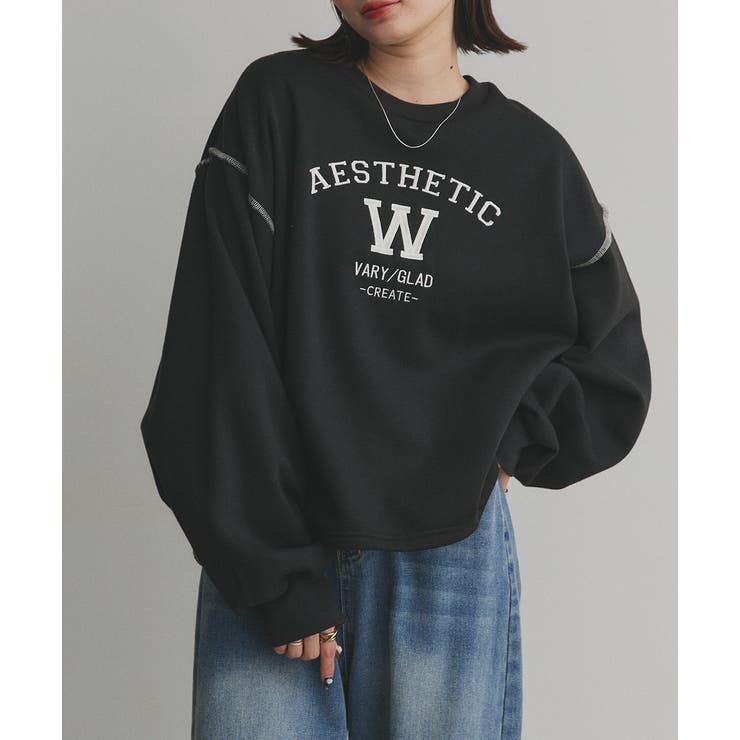 ブラック | 配色ステッチ・刺繍ロゴ 裏起毛BIGプルオーバー | ad thie