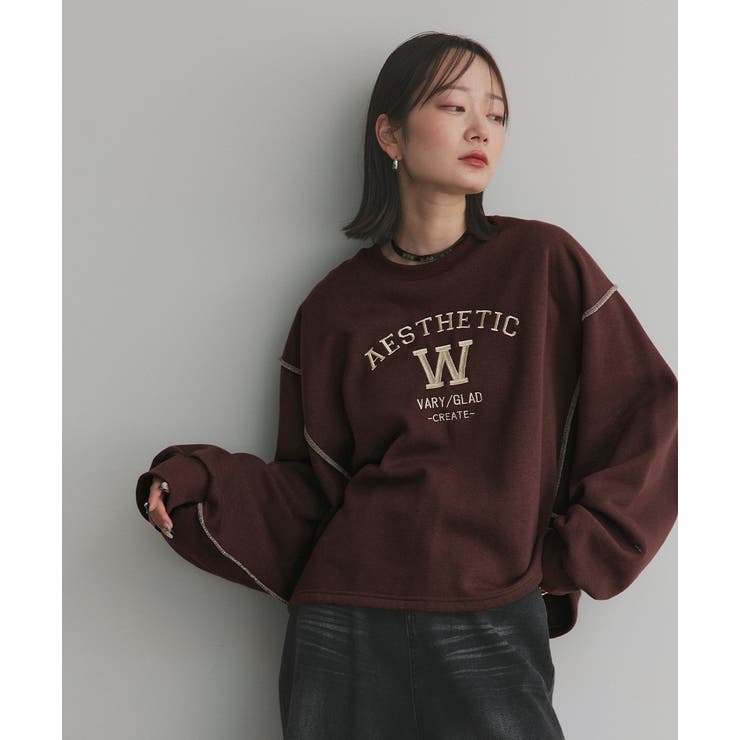 ダークブラウン | 配色ステッチ・刺繍ロゴ 裏起毛BIGプルオーバー | ad thie