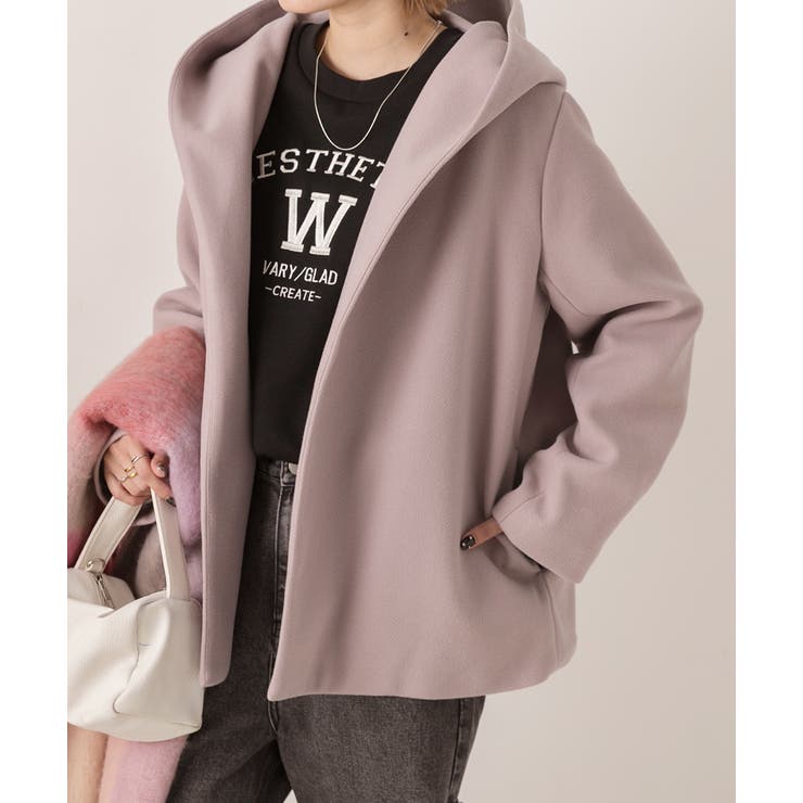 ピンク】【2023AW新作】ウールタッチ フード付きショート丈コート[品番