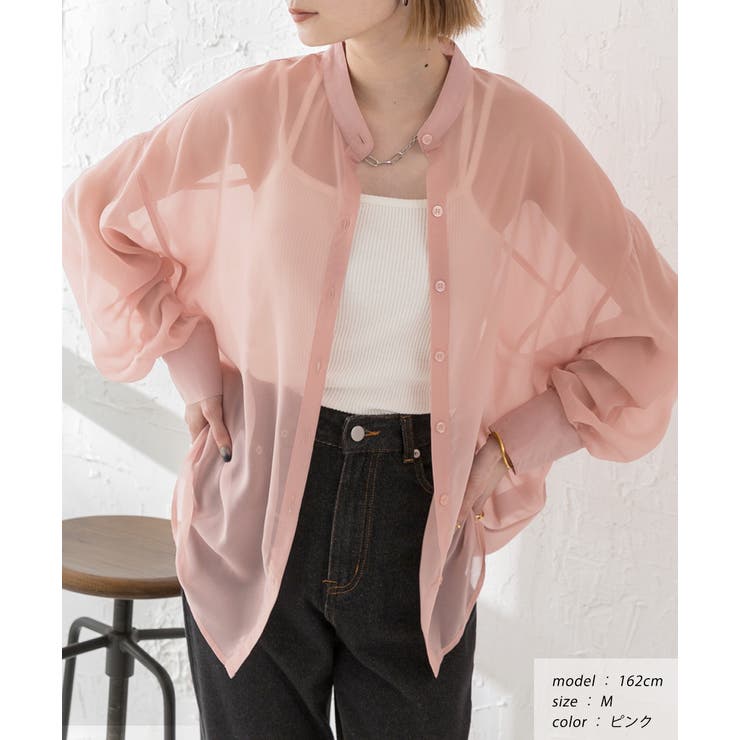 ピンク | バンドカラー シアーシャツ | ad thie