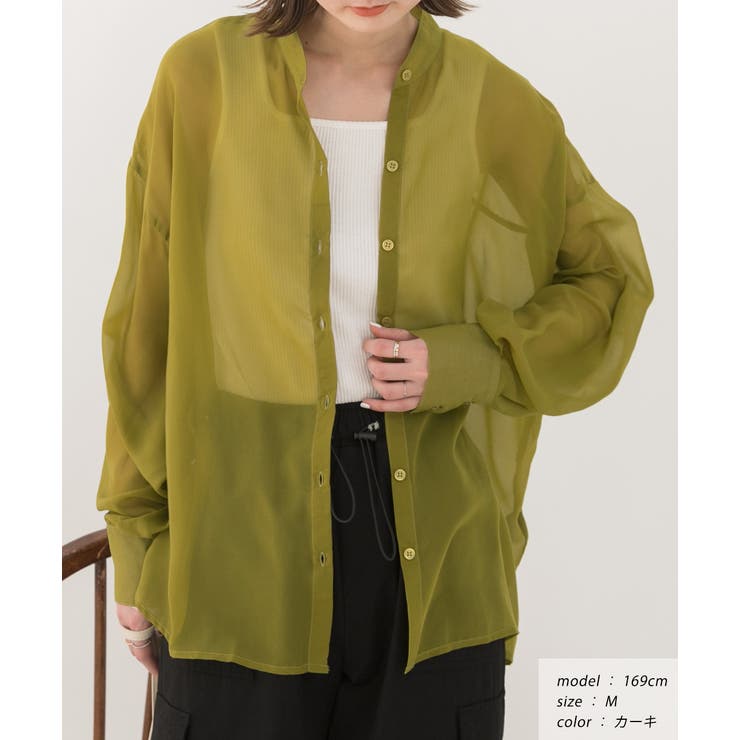 カーキ | バンドカラー シアーシャツ | ad thie