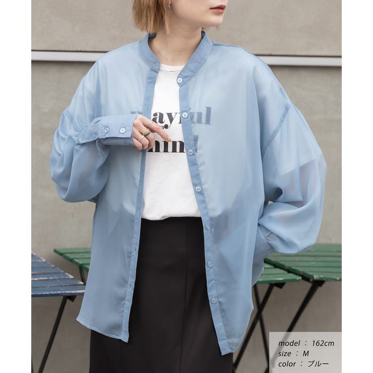 ブルー | バンドカラー シアーシャツ | ad thie