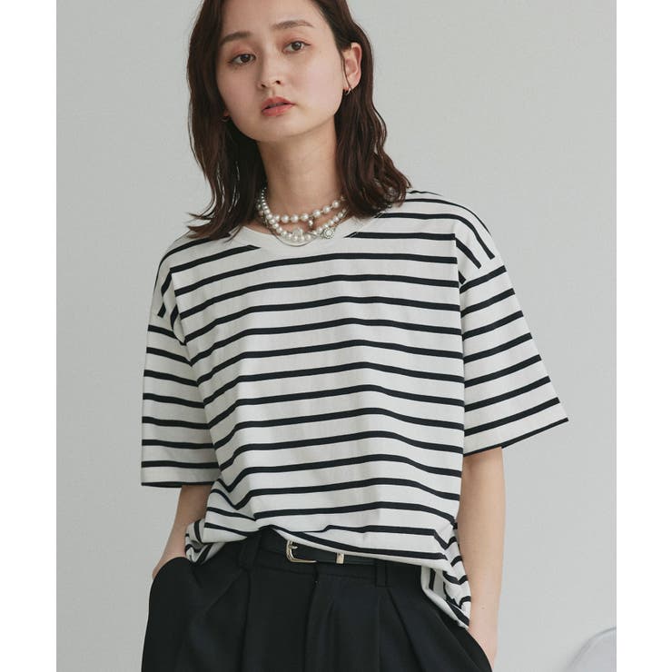 ボーダー×オフホワイト | 柔らかコットン100％ 無地 シンプルTシャツ | ad thie