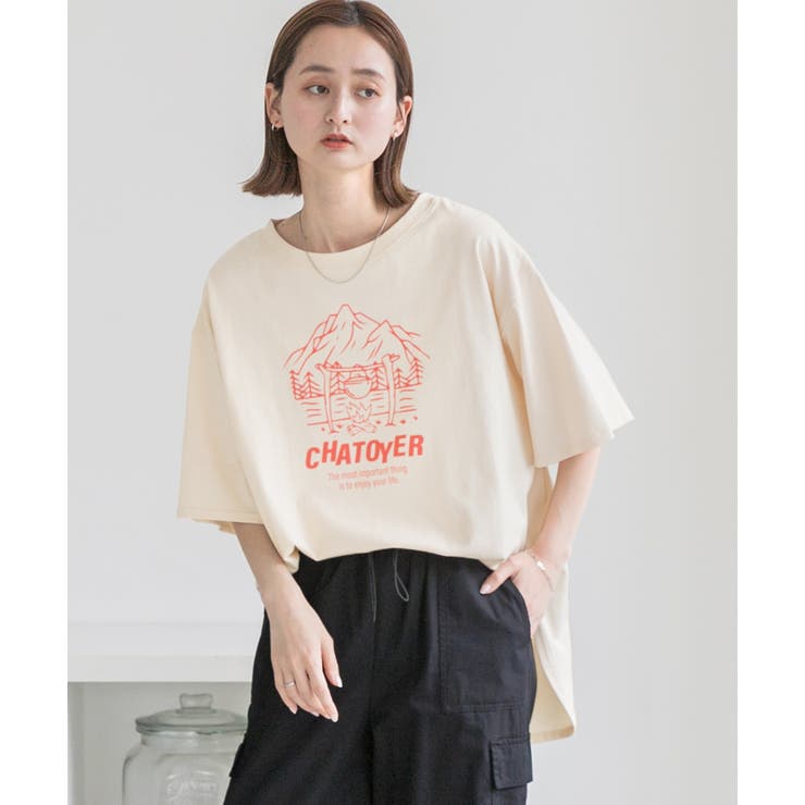 裾ラウンド・オーバーサイズ キャンプモチーフロゴTシャツ[品番