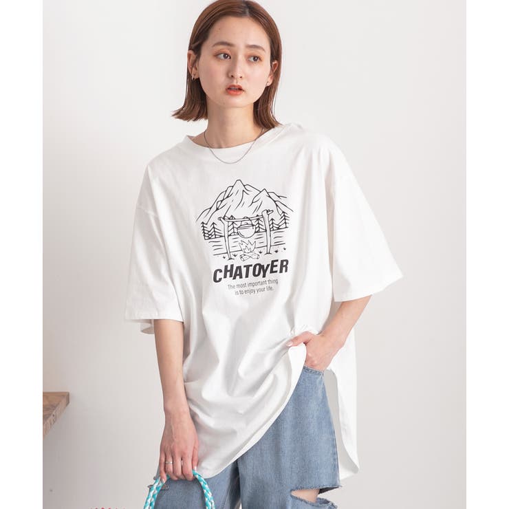 裾ラウンド・オーバーサイズ キャンプモチーフロゴTシャツ[品番