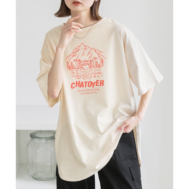 裾ラウンド・オーバーサイズ キャンプモチーフロゴTシャツ[品番