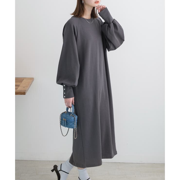 チャコール | ボタンデザイン ボリュームスリーブワンピース | ad thie