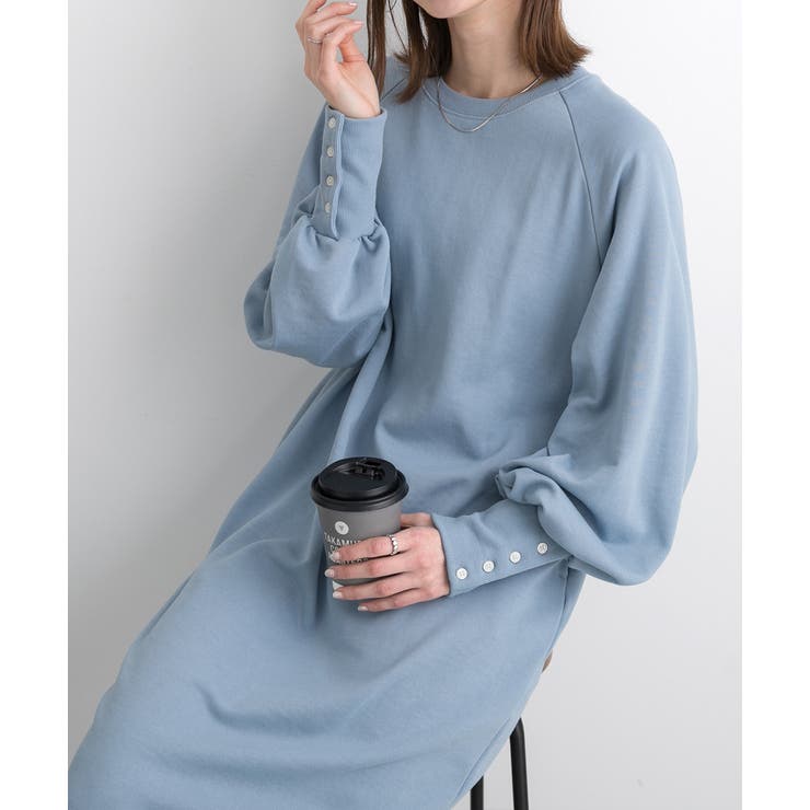 ブルー | ボタンデザイン ボリュームスリーブワンピース | ad thie