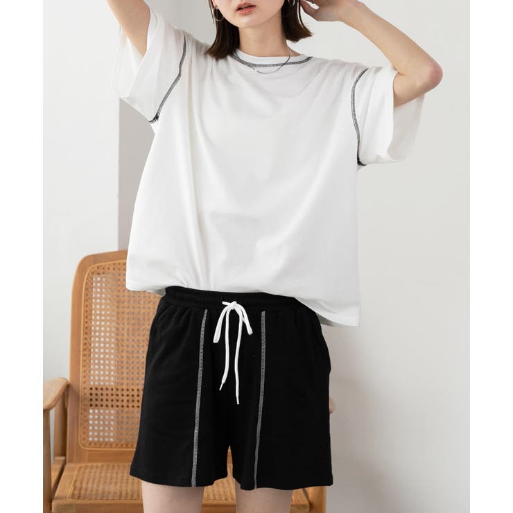 ホワイト×ブラック | 配色ステッチ ルームウエアセット | ad thie