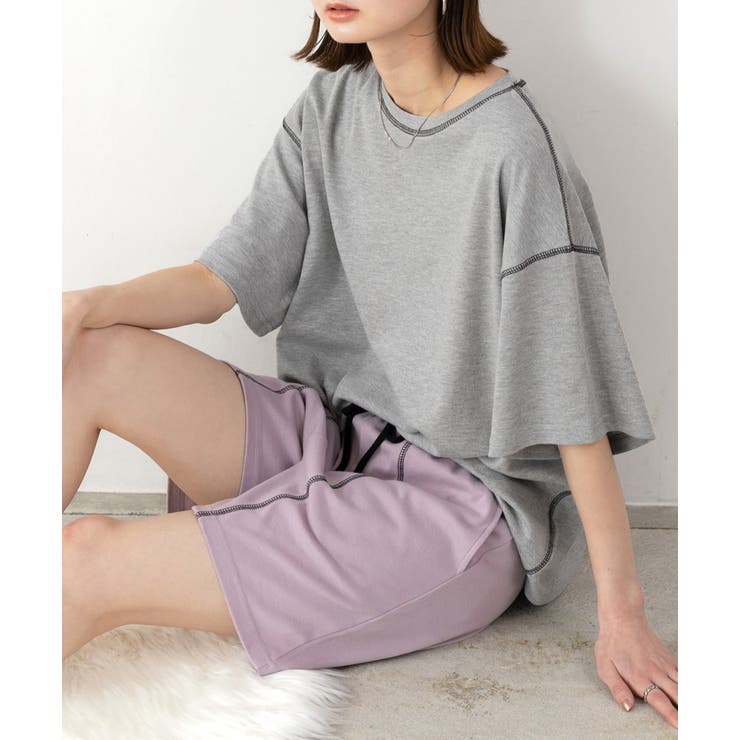 モクグレー×ラベンダー | 配色ステッチ ルームウエアセット | ad thie