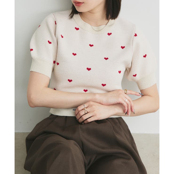 アイボリー | ハート総柄 パフスリーブニット | ad thie