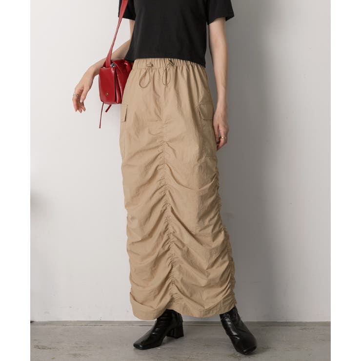 ベージュ | Iライン・ナイロン ギャザーデザインスカート | ad thie