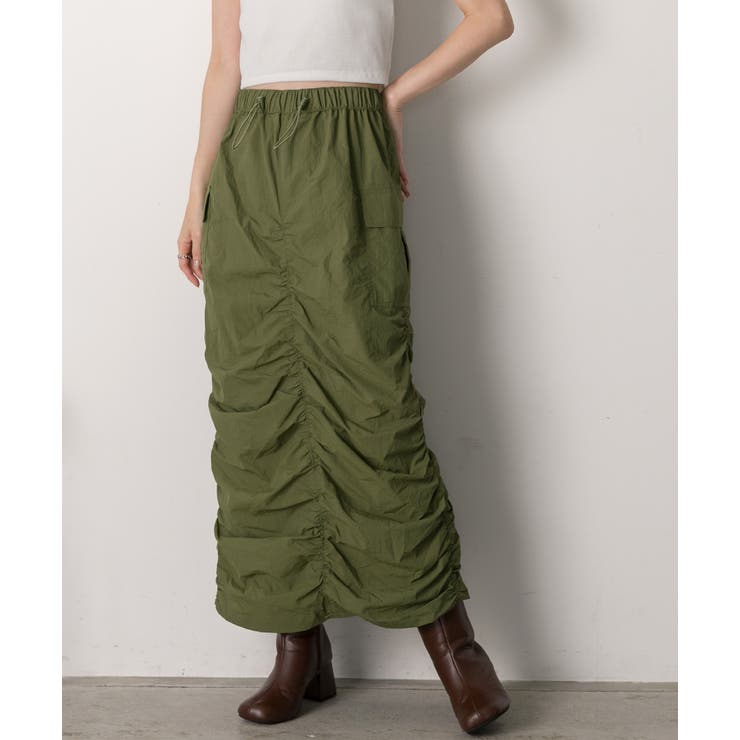 カーキ | Iライン・ナイロン ギャザーデザインスカート | ad thie