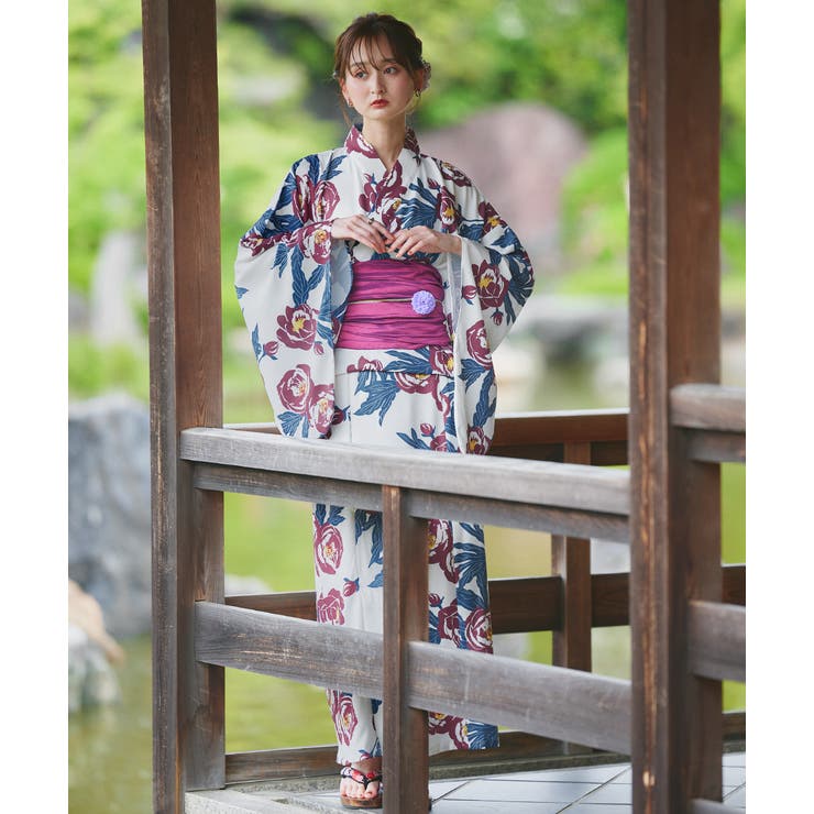花柄 2Way浴衣 3点セット 黒・白 AS KNOW 浴衣 花柄2wayセパレート浴衣 3点セット(キャミ