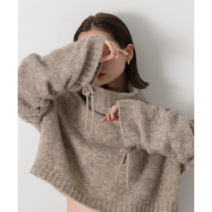 ハイネック・袖ドロスト ブークレショート丈ニット | ad thie | 詳細画像11 