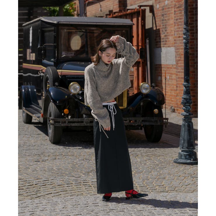 ハイネック・袖ドロスト ブークレショート丈ニット | ad thie | 詳細画像12 