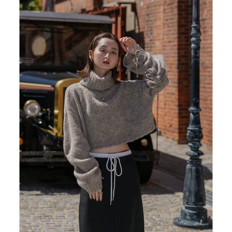 ハイネック・袖ドロスト ブークレショート丈ニット | ad thie | 詳細画像14 