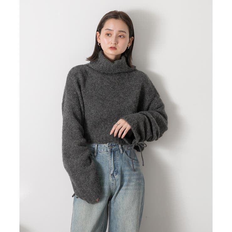 ハイネック・袖ドロスト ブークレショート丈ニット | ad thie | 詳細画像19 