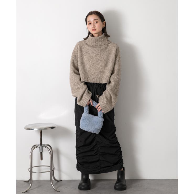 ハイネック・袖ドロスト ブークレショート丈ニット | ad thie | 詳細画像2 