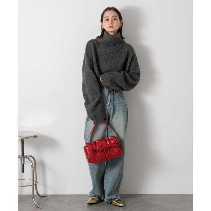 ハイネック・袖ドロスト ブークレショート丈ニット | ad thie | 詳細画像20 