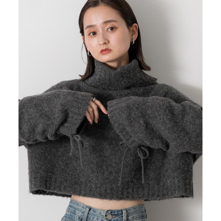 ハイネック・袖ドロスト ブークレショート丈ニット | ad thie | 詳細画像22 