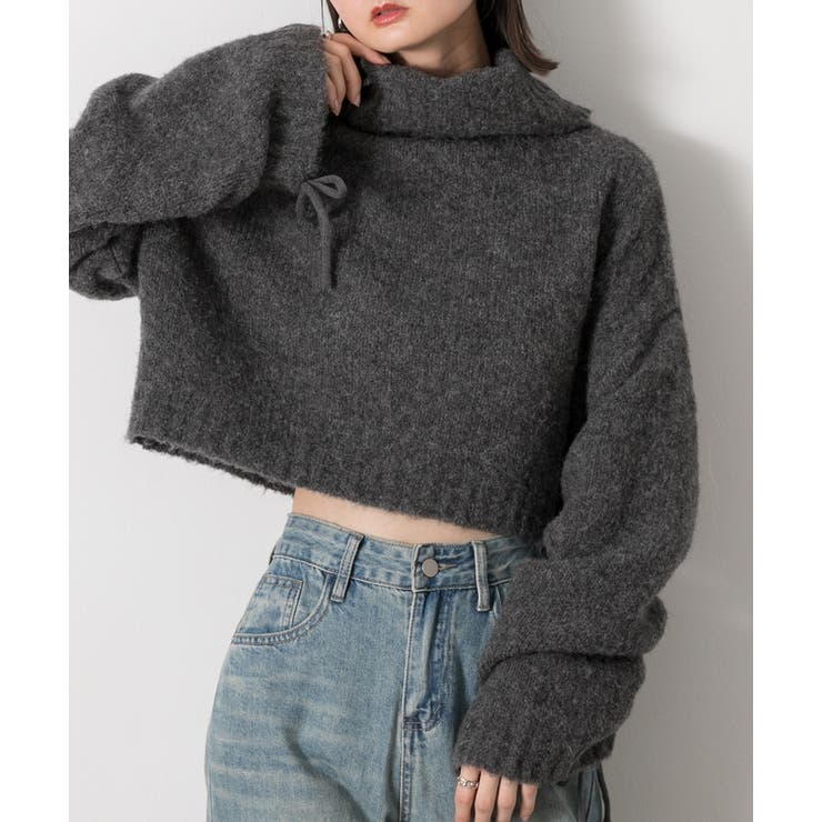 ハイネック・袖ドロスト ブークレショート丈ニット | ad thie | 詳細画像23 